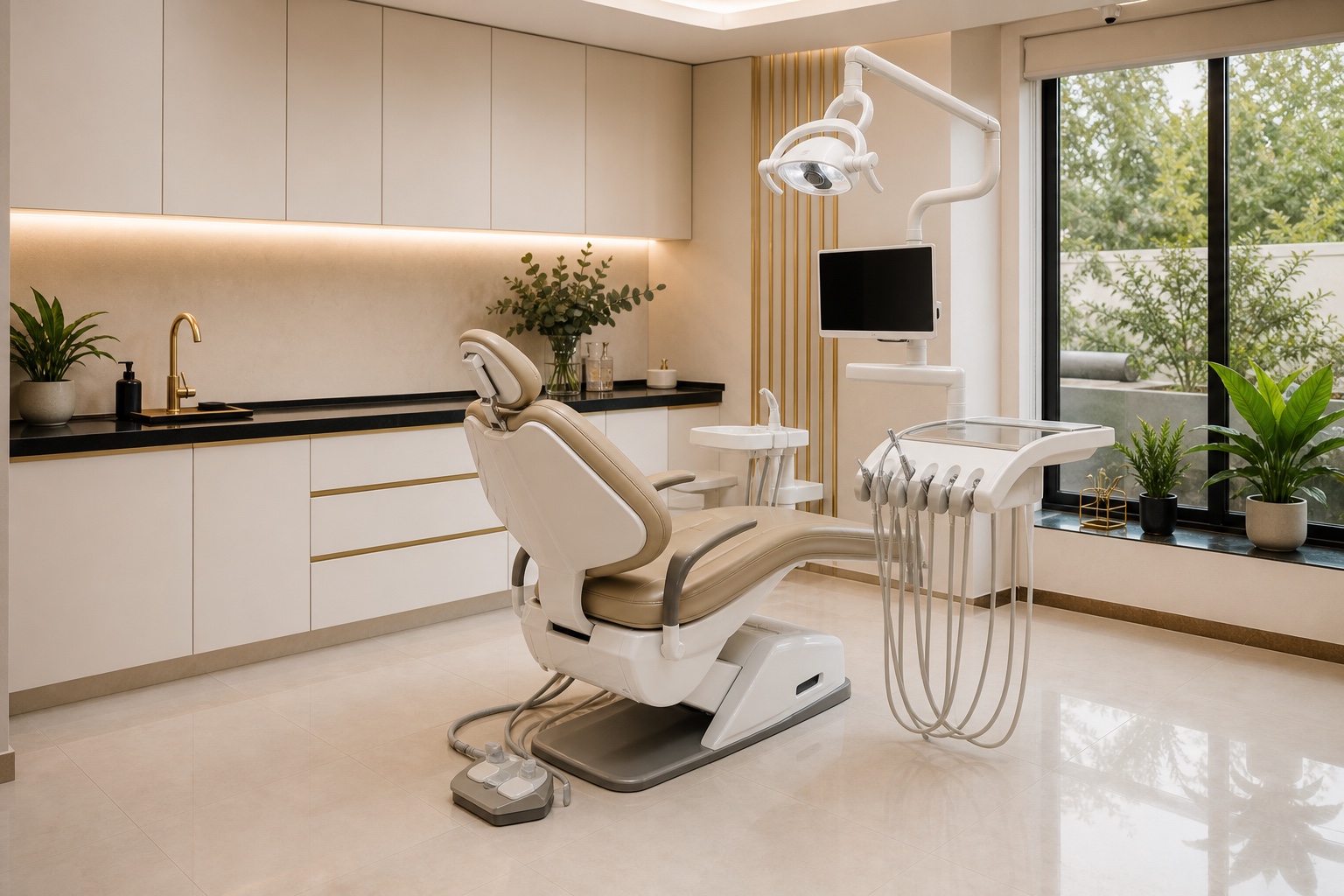 Interior cálido y moderno de una clínica dental premium