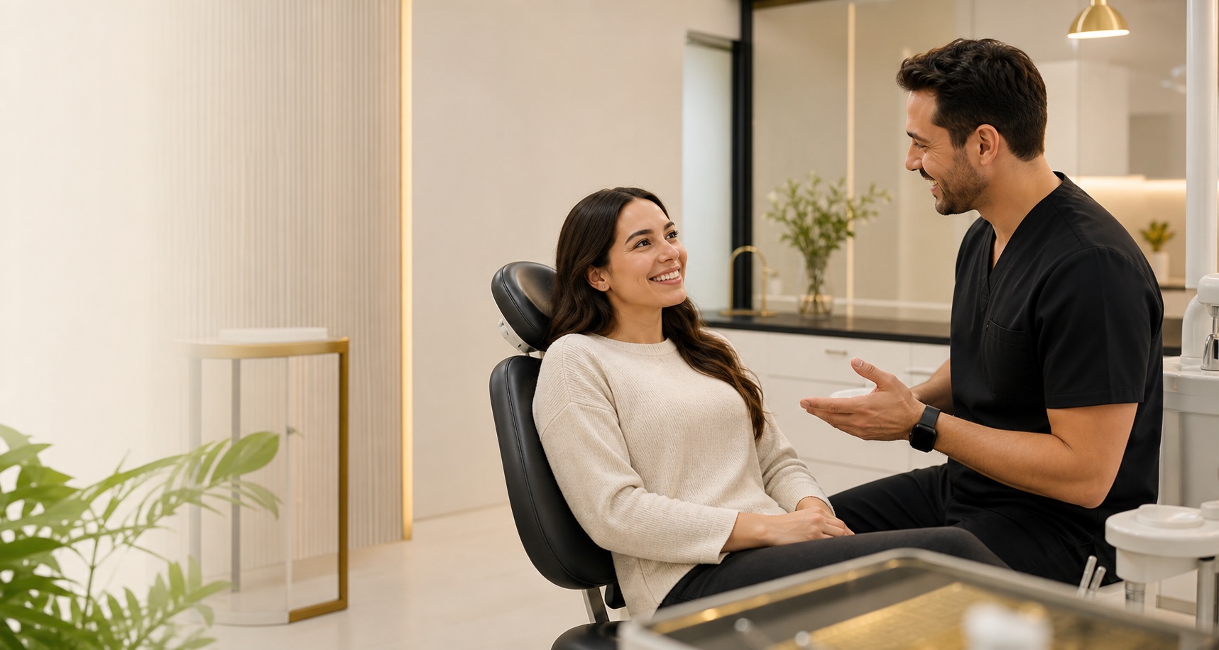 Dentista conversando con una paciente en una clínica dental moderna